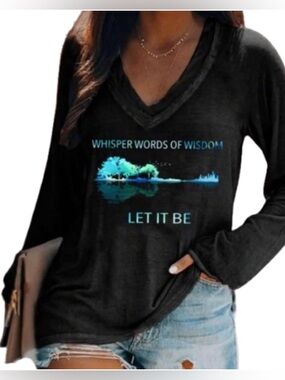 Whisper Words Of Wisdom Let It Be Beetles Black Unisex Rock V-Neck T-shirt Sz L